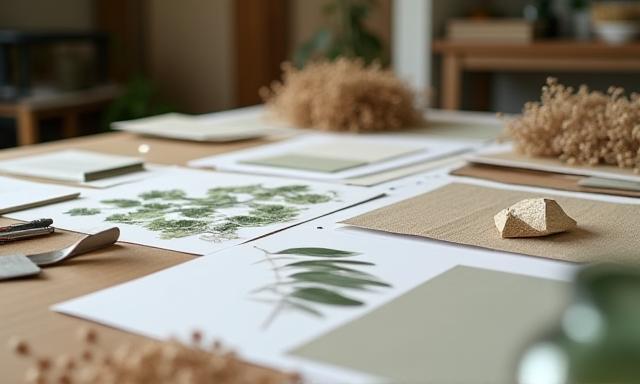 Design studio of Pinnacle Living Interiors showing mood boards and natural materials